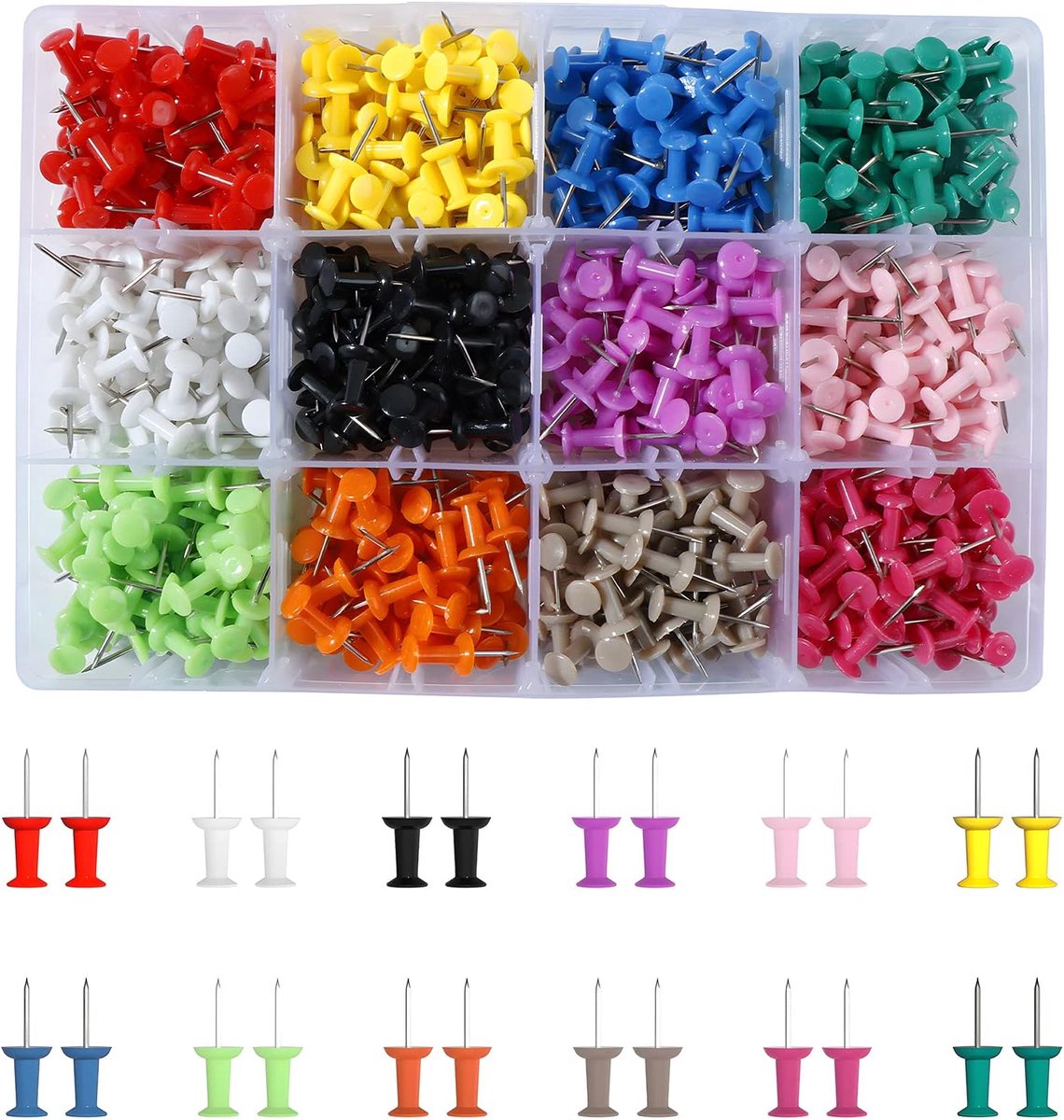 Duwspelden 720 Stuks - Kunststof Hoofd met Stalen Punt - 12 Assortiment Kleuren - Perfect voor Prikborden - ShopVlot