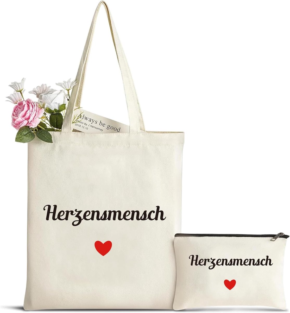 Canvas tote bag met make-uptas - katoenen tas bedrukt - hartensmensch cadeau - perfect voor boodschappen - ShopVlot
