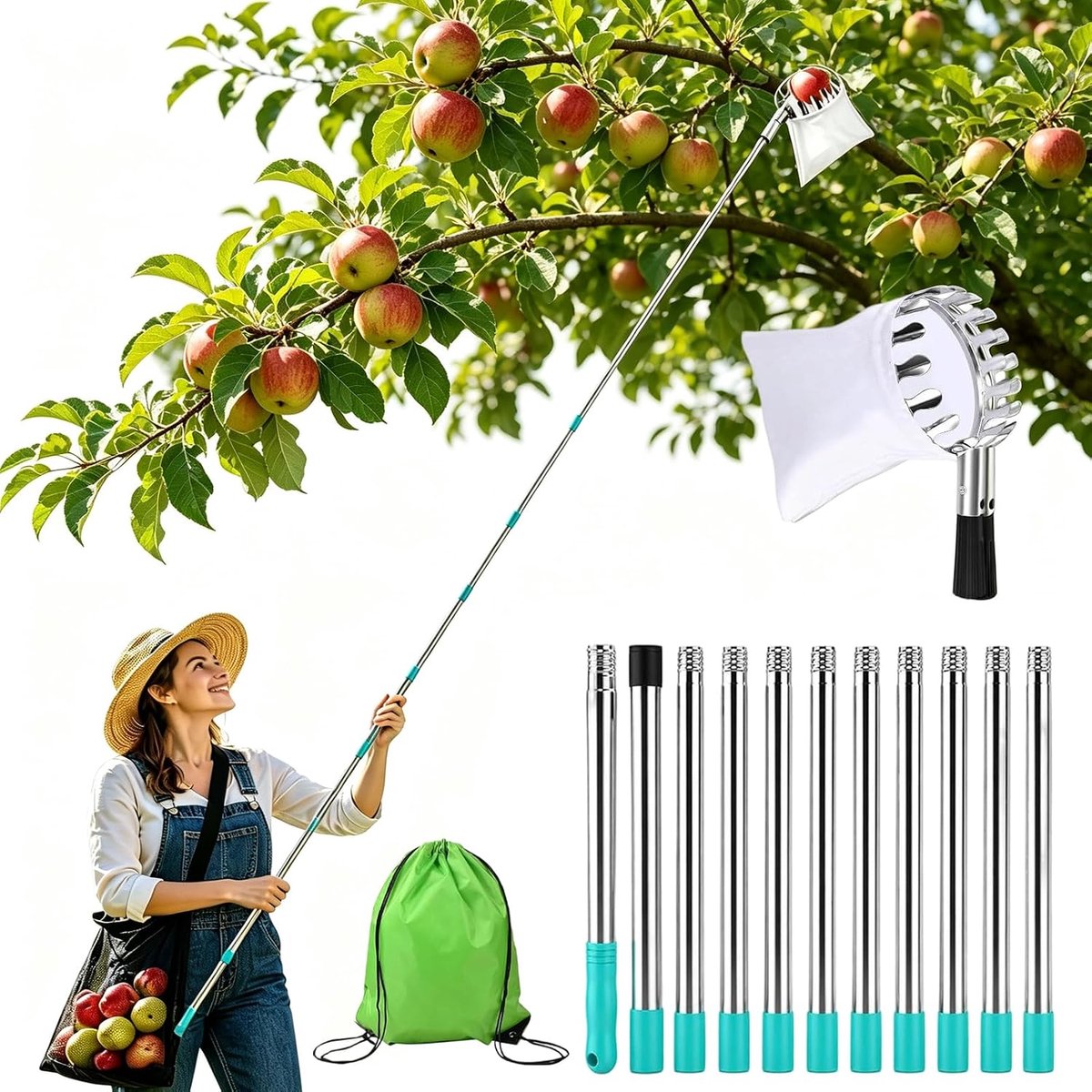 Appelplukker met telescoopsteel 4,2 m - roestvrijstaal - katoenen zak - voor veilig oogsten - ShopVlot