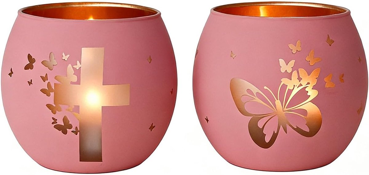 Kaarsenhouders set van 2 - Roze kruisvorm - Met vlinder en crucifix - Perfecte decoratie voor Pasen - ShopVlot