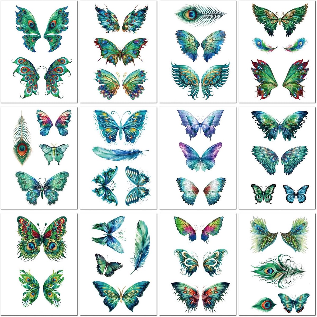 Tijdelijke Tattoo Stickers - 12 Bladen Sexy Pauwenveer Groene Vlinder - Veilig en Gezond - Veranderbaar Design - ShopVlot