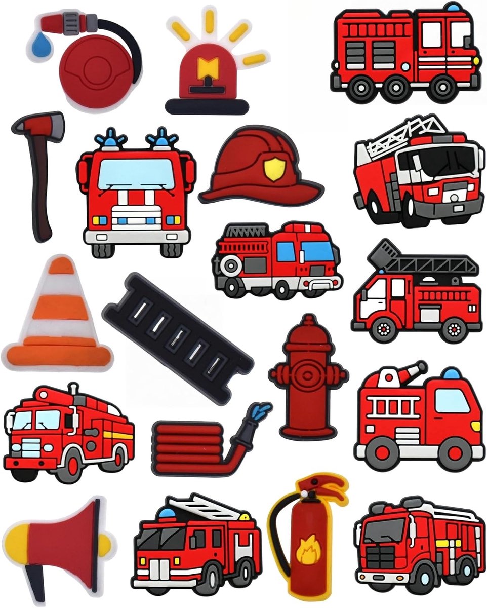 Schoenendecoratie brandweerwagen 19 stuks - PVC DIY accessoires - Feestthema versieringen - SnelShoppen