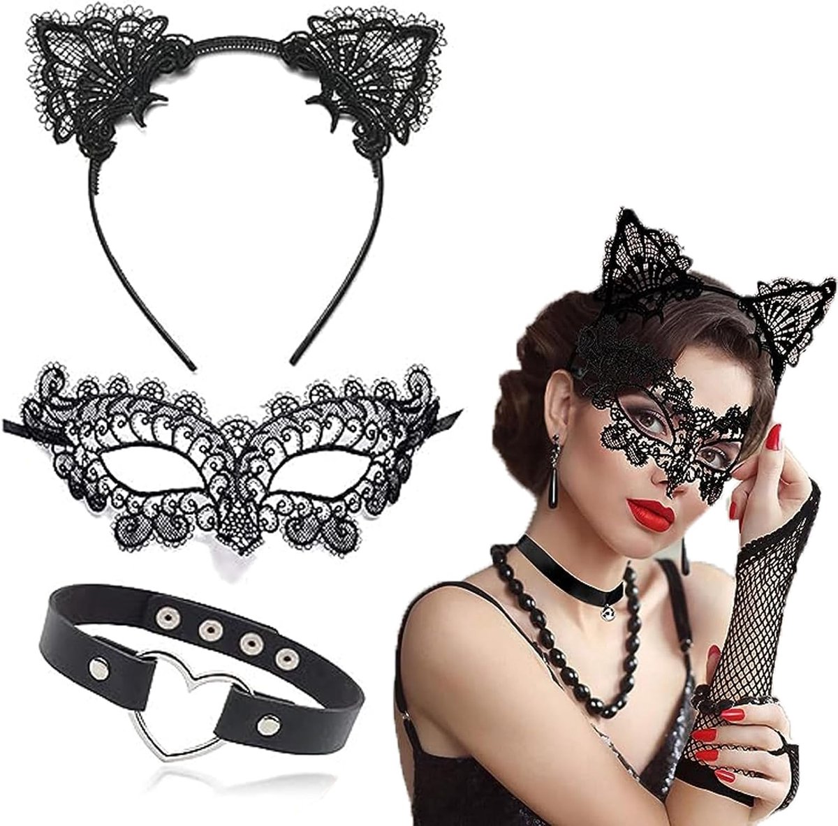 Oogmasker set van 3 met zwarte kant - hoofdband met kattenoren - leren hartjeshalsketting - ideaal voor carnaval - SnelShoppen