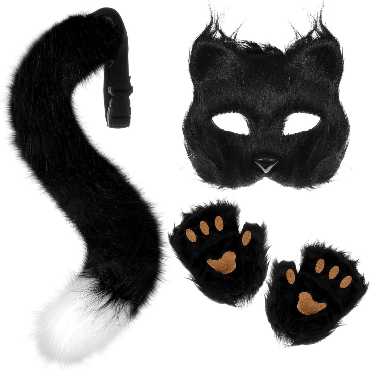 Cosplay set Furry Fox Wolf - zwart - met masker, staart en handschoenen - perfect voor Halloween en carnaval - SnelShoppen
