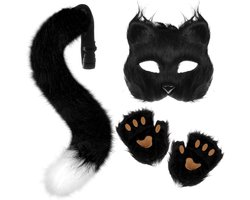 Cosplay set Furry Fox Wolf - zwart - met masker, staart en handschoenen - perfect voor Halloween en carnaval - SnelShoppen