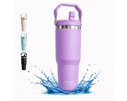 Thermosfles 800 ml - 100% Lekvrij - Met Rietje - Dubbelwandig Roestvrij Staal - Thermosbeker - Thermoskan To Go - Schoolbeker Back to School - Travel Mug - Paars - Löwenthal