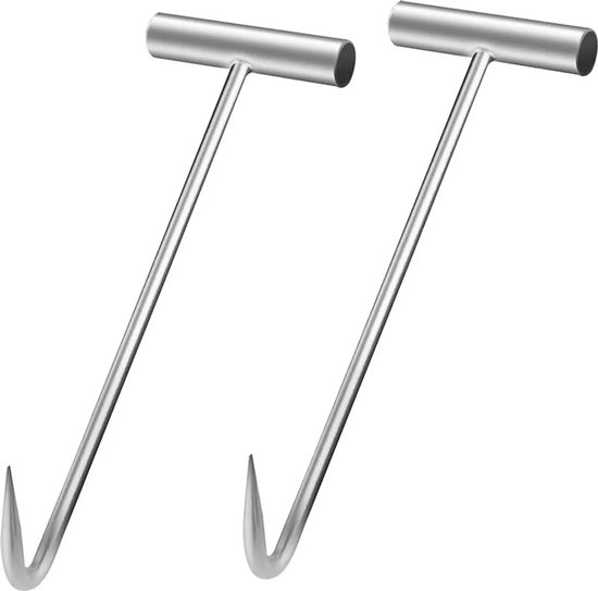 Twee zilverkleurige RVS putdekselhaken met T-greep.