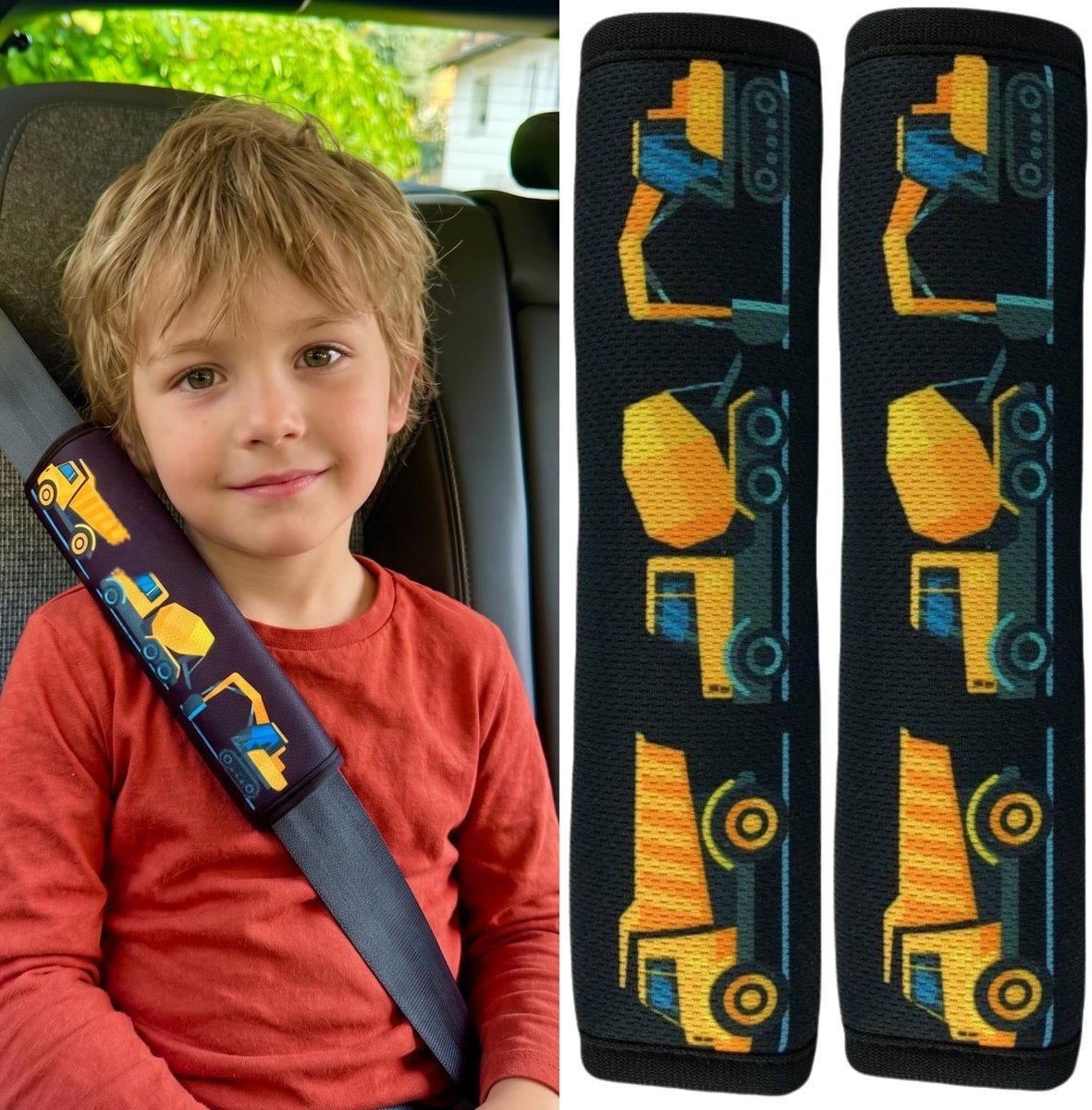 Set van 2 Kinder Autogordel Beschermers - Gordelkussens met Bouwvoertuigen en Graafmachine Design - 21 x 6 cm - Zachte Gordelbescherming voor Kinderstoelen, Boosterzitjes en Fietszitjes - Comfortabele Schouderpads voor Auto en Reizen