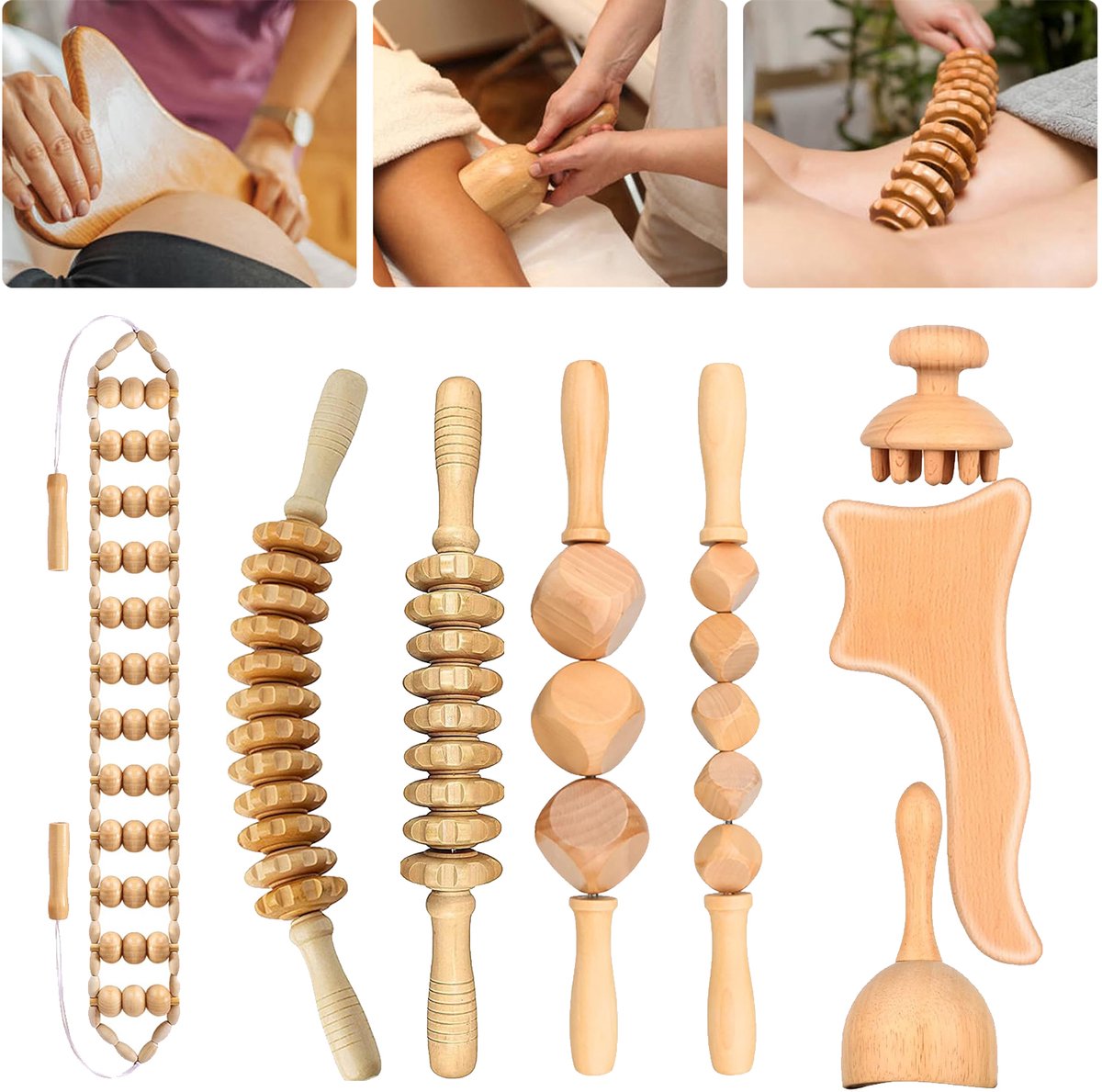 Houttherapiehulpmiddelen - 8-In-1 Houten Massagehulpmiddelen - Houten Gua Sha-Gereedschap - Lymfedrainagemassageapparaat