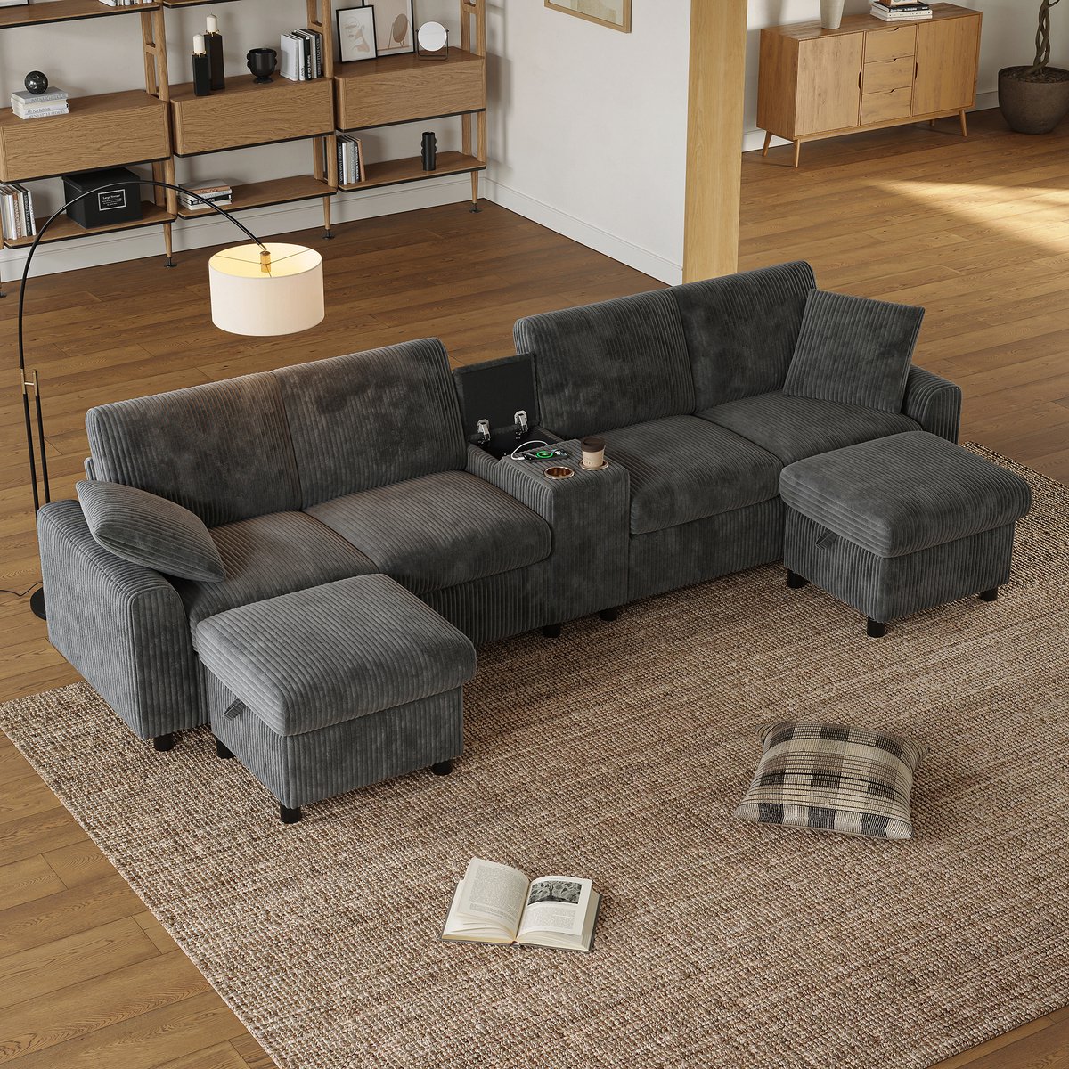 MEUNIQ U-bank van corduroy in grijs, 315 x 135 x 81 cm, met 2 opberghockers, tafelgedeelte, USB, Type-C en stopcontact voor de woonkamer