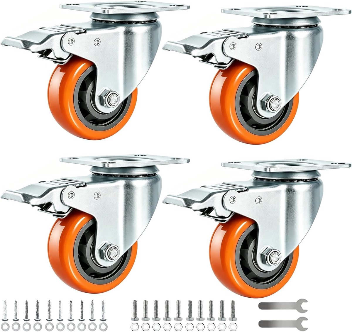 Meubelwielen 75 mm - Zwenkwielen met rem - Belastbaar tot 500 kg - Perfect voor meubels en trolleys - ShopVlot