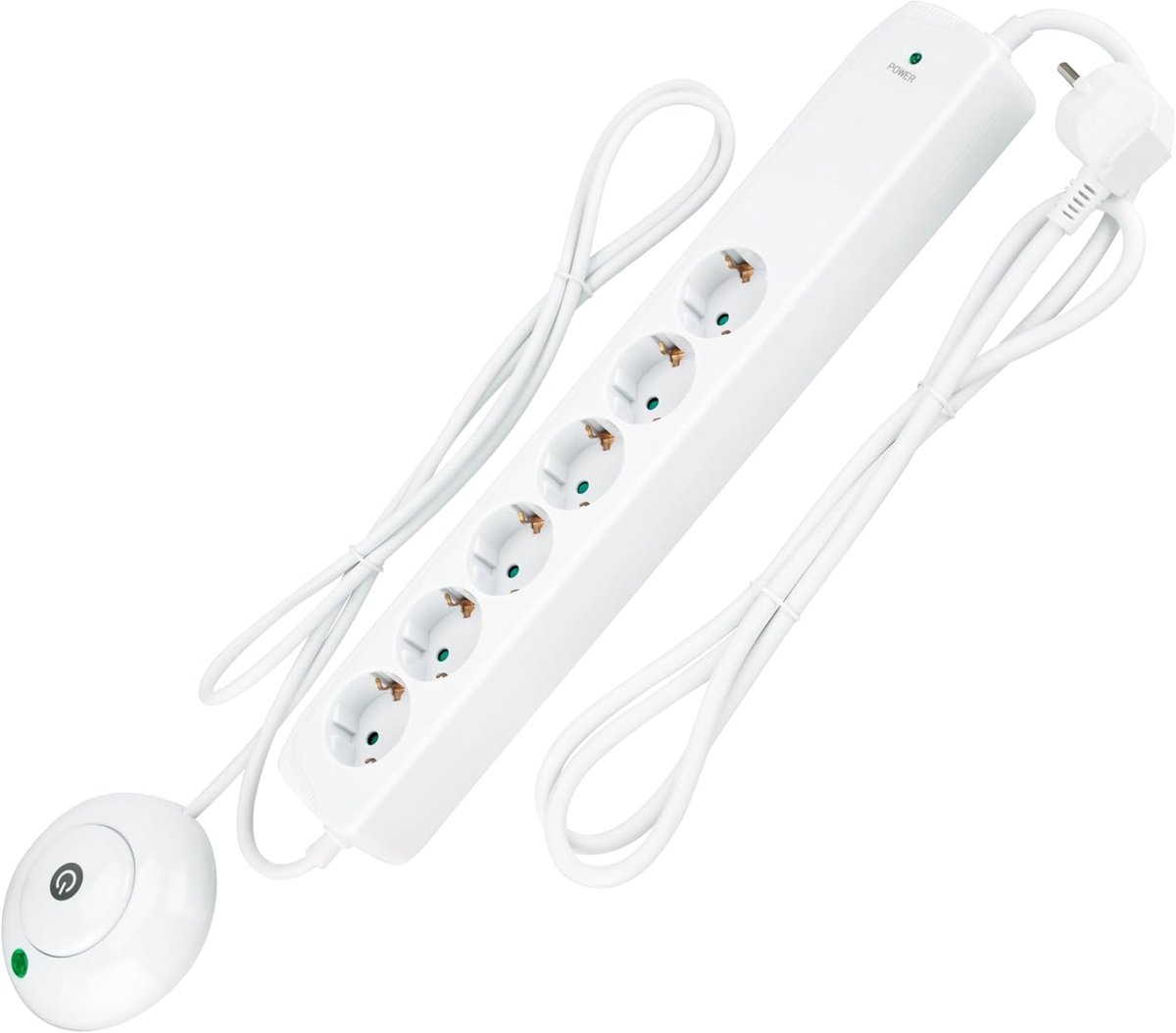 SnelShoppen - Verlengsnoer 6-Voudig met Voetschakelaar, 2 Meter Kabel, 3500 Watt, Wit - Ideaal voor Thuis, Kantoor, Keuken en Meer