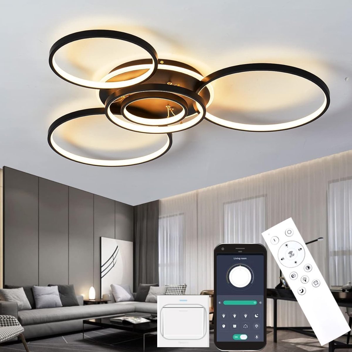 Plafondlamp Dimbaar 95 cm - 6 Ringen - Moderne Design - Ideaal voor Woonkamer - ShopVlot