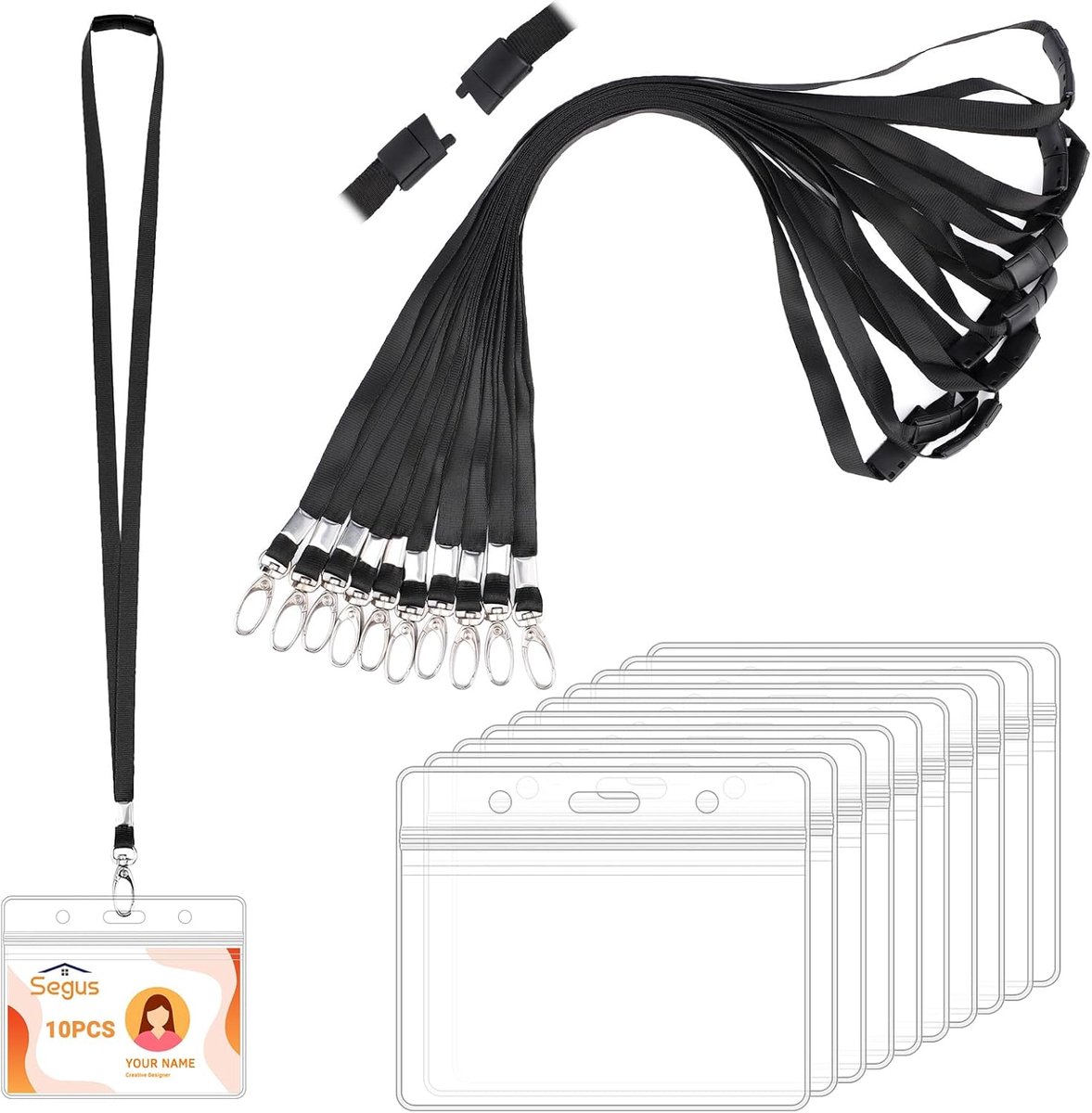 ID Kaart Houder met Lanyard - 10 Stuks - Zwart, Horizontaal - Veiligheidsknoop - Ideaal voor Kantoor en School - ShopVlot