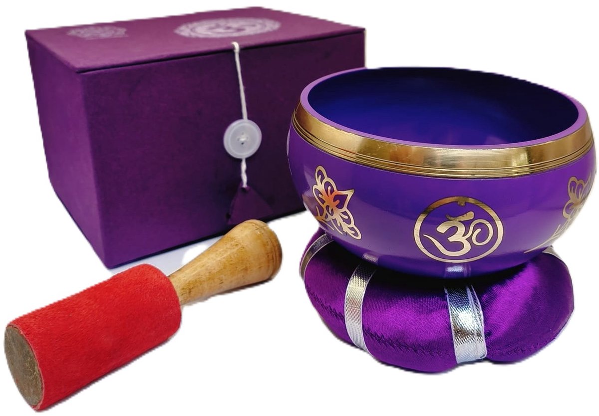 Klankschaal Kroon Chakra 10cm. - Singing Bowl met Stick en Kussen - Klankschaal Set Paars - Spiritueel Kado - Meditatie