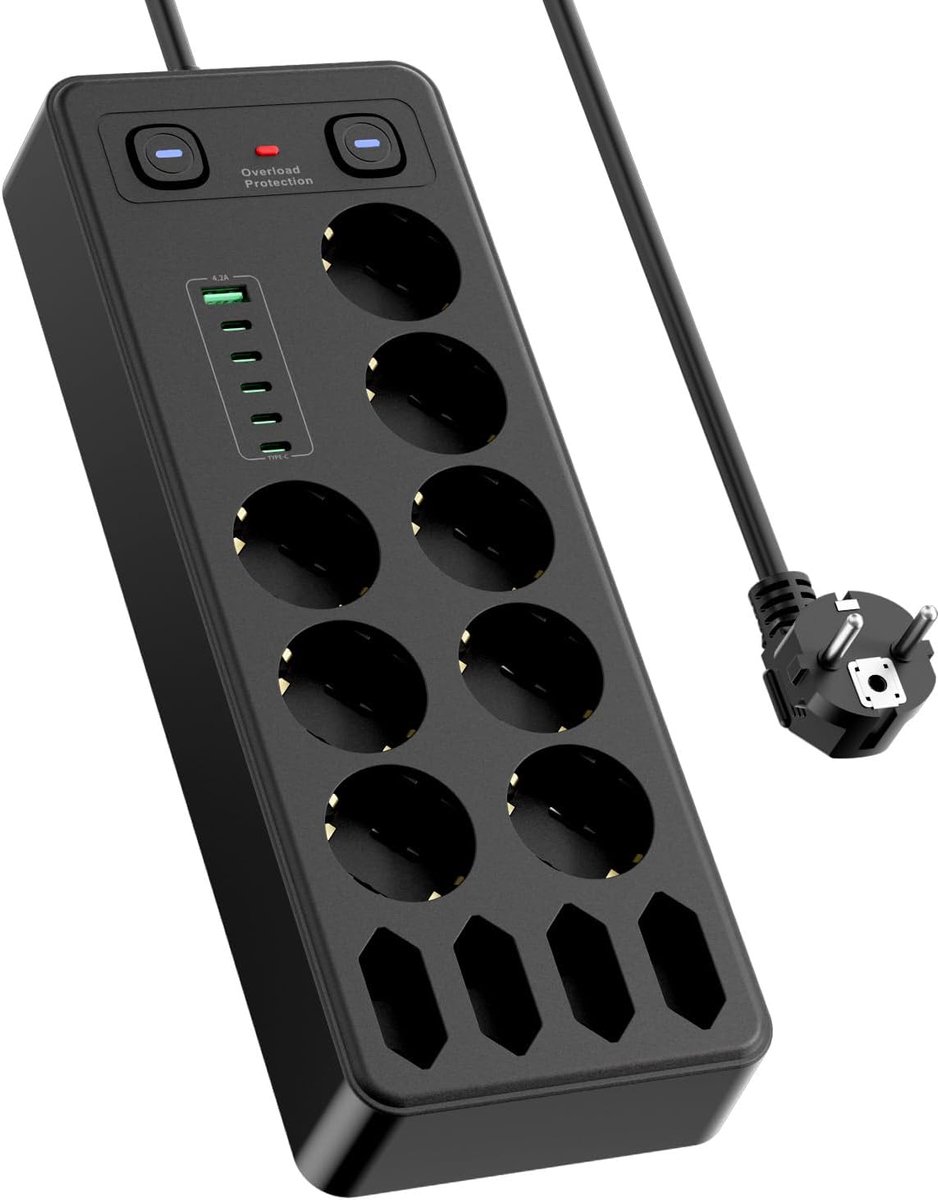 Wandcontactdoos 18-in-1 - 12 AC-uitgangen en 6 USB-poorten - zwart - ideaal voor bureauorganisatie - ShopVlot