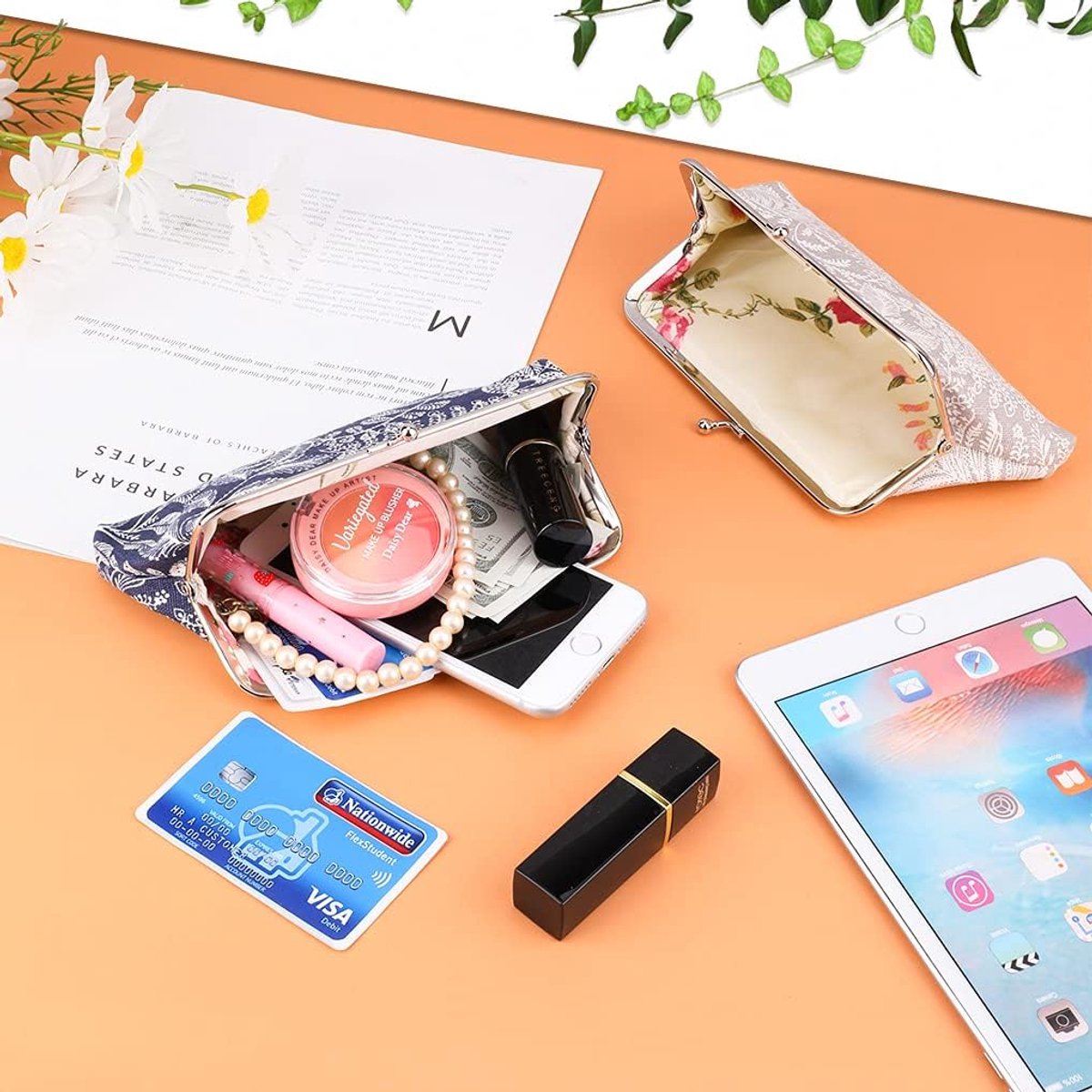 Muntentas grote vintage - 2 stuks - bladeren ontwerp - multifunctioneel voor make-up en telefoon - ShopVlot