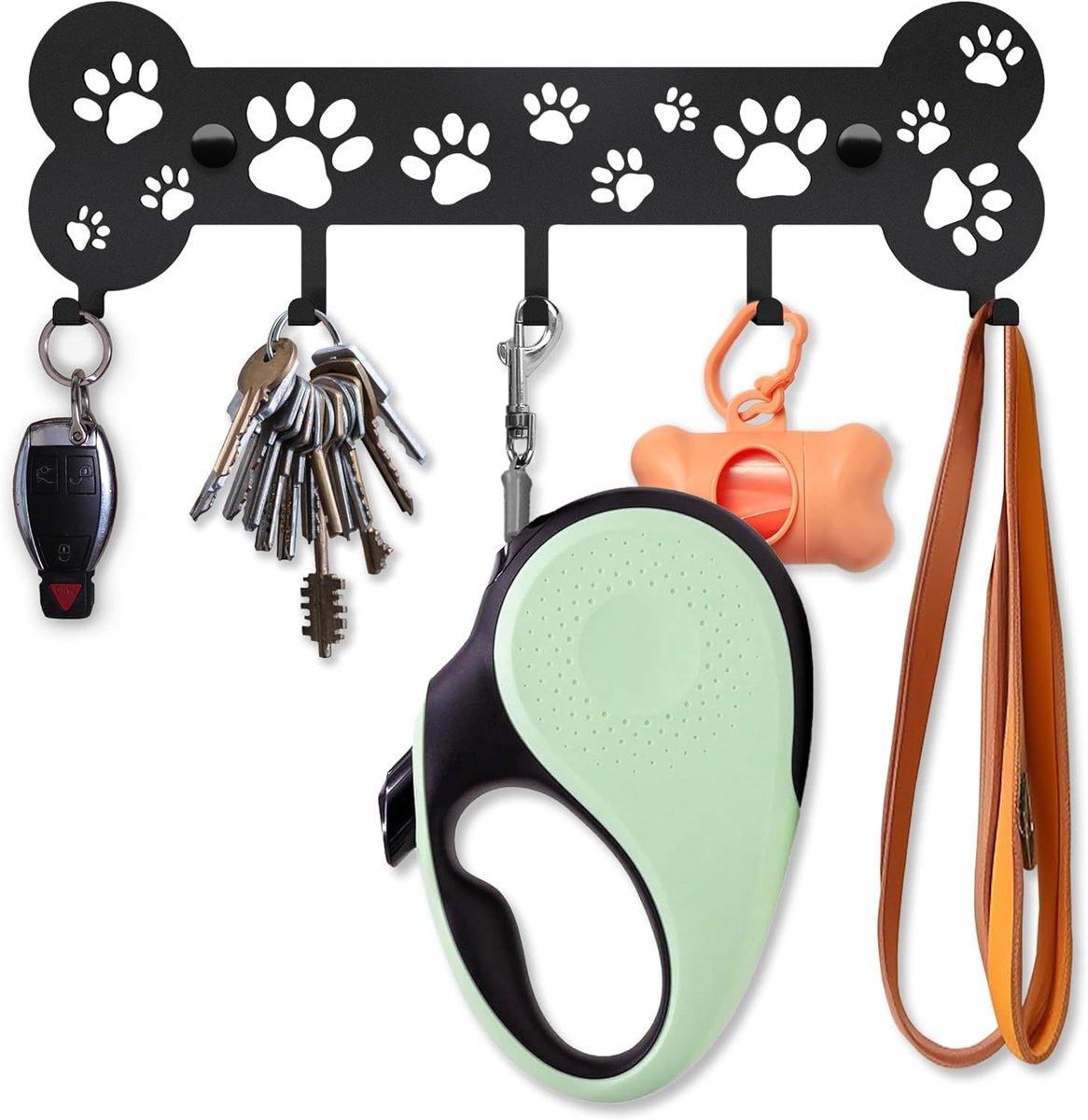 Hondenriem houder wand - 5 haken - zwart metaal - houdt entree opgeruimd - ShopVlot