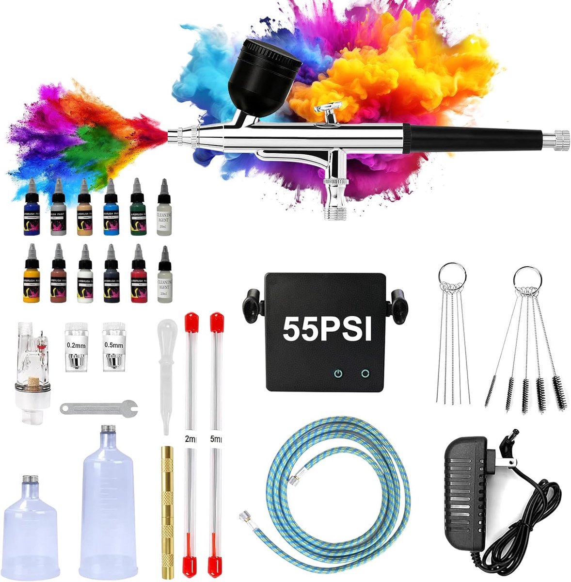 Airbrush-set 55 psi - dubbele werking met compressor - 3 sproeiers 0,2/0,3/0,5 mm - inclusief 10 kleuren acrylverf - ShopVlot