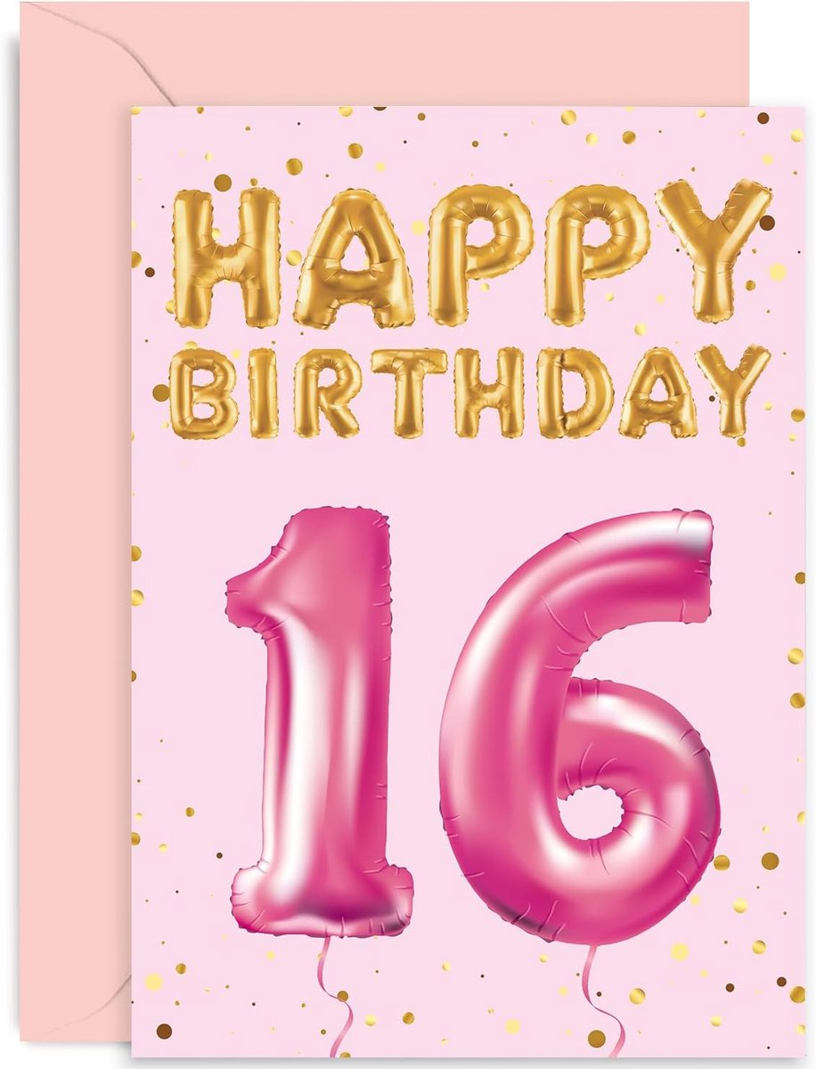 Verjaardagskaart 16e verjaardag - Gouden confetti roze ballonnen - Voor dochter, kleindochter, nicht - ShopVlot