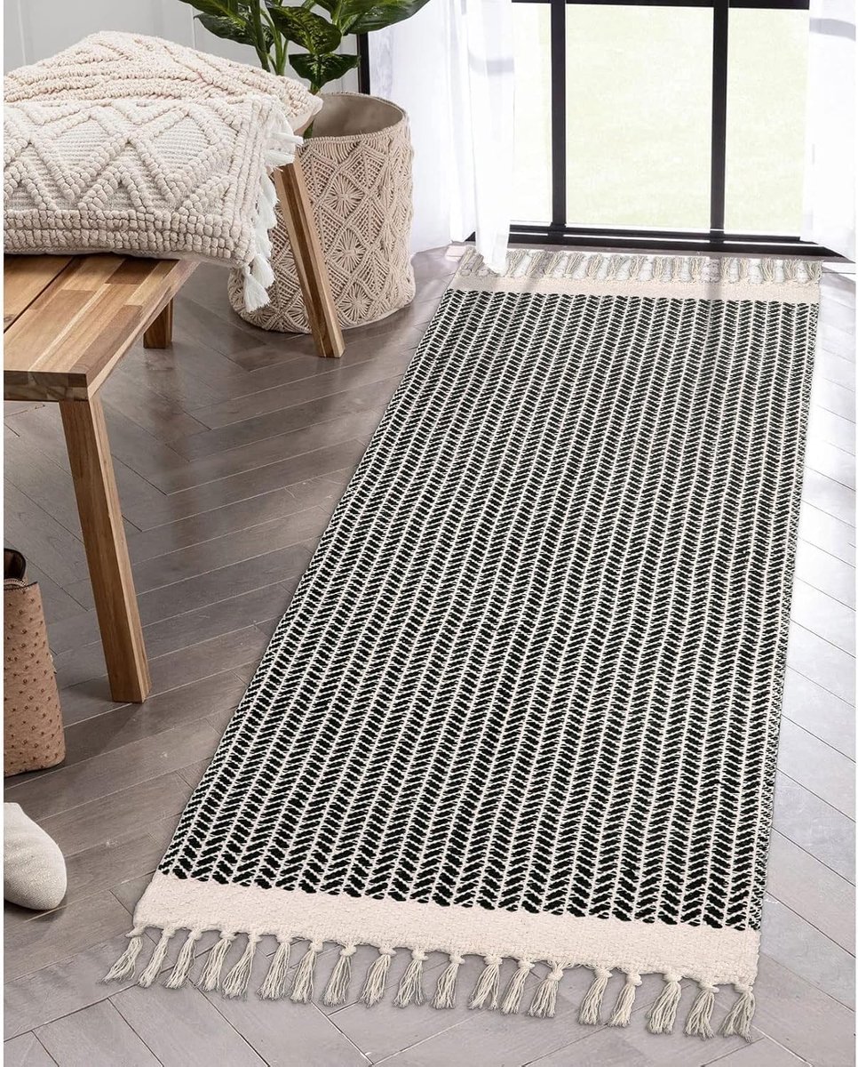 Boho vloerkleed 60 x 130 cm - handgemaakt katoen - zwart-wit herringbone patroon - veilig en wasbaar - ShopVlot