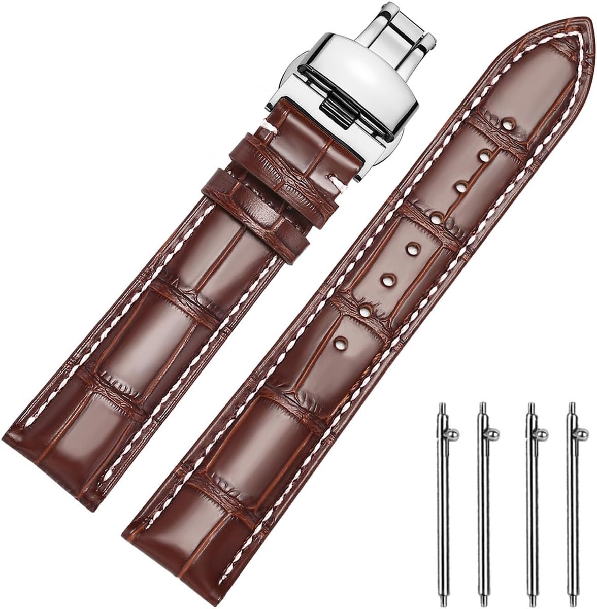 Leren Horlogeband 21mm - Polished Deployment Sluiting - Zwart Bruin Blauw Groen - Stijlvolle Vervangband - ShopVlot