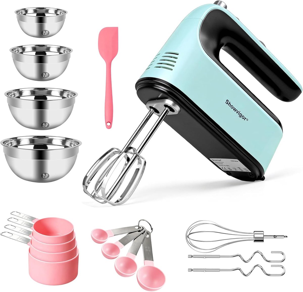 Handmixer 300W - 5 snelheden - blauw - compleet met roestvrijstalen accessoires - ShopVlot