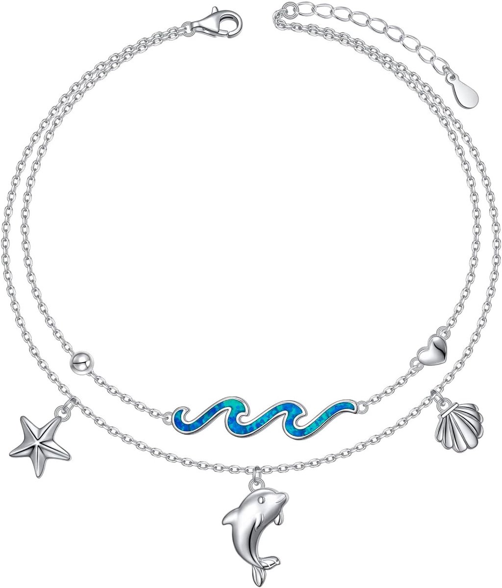 Anklet voor dames - verstelbaar - 925 zilver - met dolfijnen en blauwe opaal - perfect voor stranddagen - ShopVlot