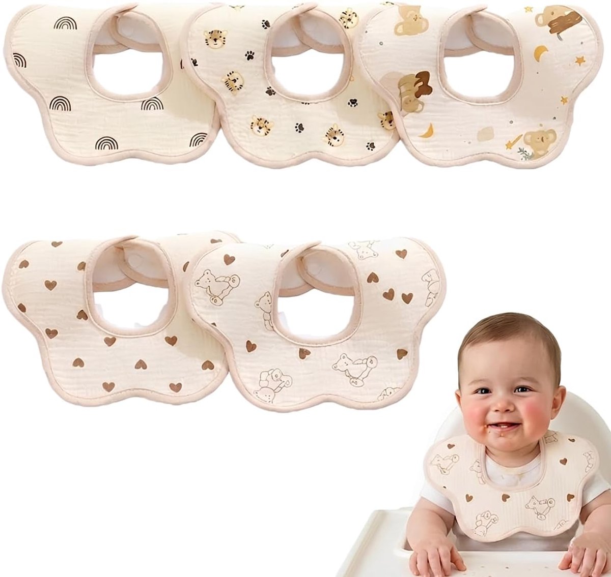 Babyslabbetjes 5 stuks - katoen - bloemenmotief - ultra absorberend - SnelShoppen