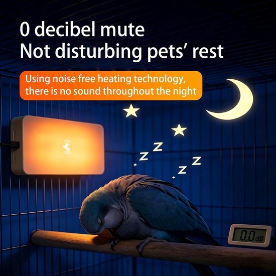 Stil vogelverwarmingspaneel in een kooi bij een slapende parkiet, met nachtelijke symbolen en 0 dB display.