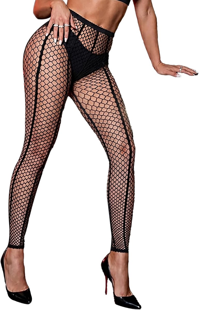 Visnetpanty zwart met strepen - elastisch - hoge taille - sexy look - SnelShoppen
