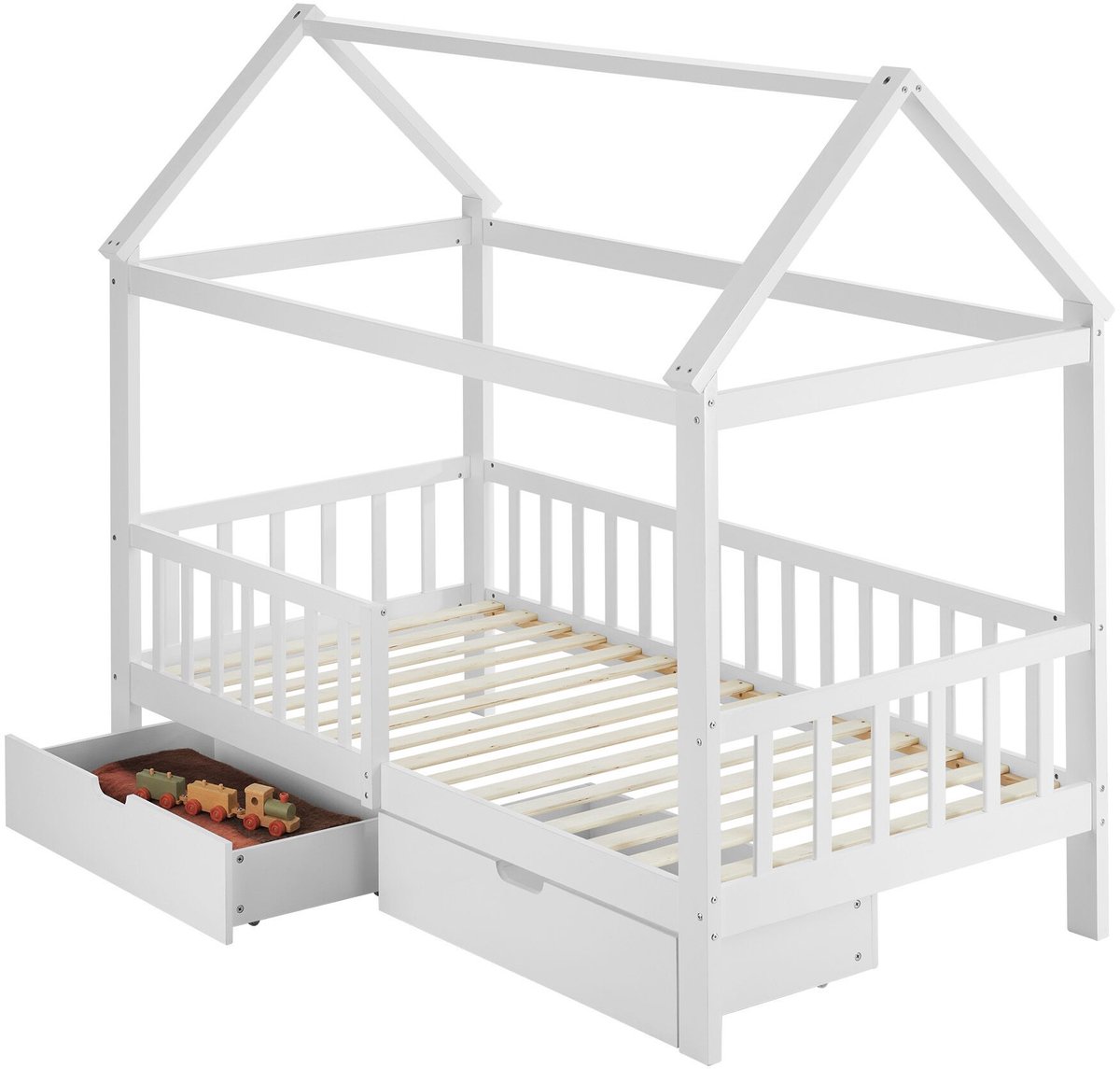tectake® Kinderbed met Lades - Bedhuisje - Valbeveiliging - Grenenhout - Peuterbed met Opbergruimte - 80 x 160 - Geïnspireerd door Montessori - Lage Instap - Voor Jongens en Meisjes