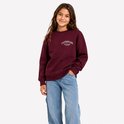 Meisje met lang bruin haar draagt een wijnrood sweatshirt met 'CATTITUDE CONSISTENCY always WINS' opdruk en jeans.