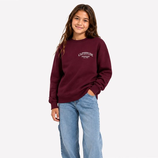 Meisje met lang bruin haar draagt een wijnrood sweatshirt met 'CATTITUDE CONSISTENCY always WINS' opdruk en jeans.