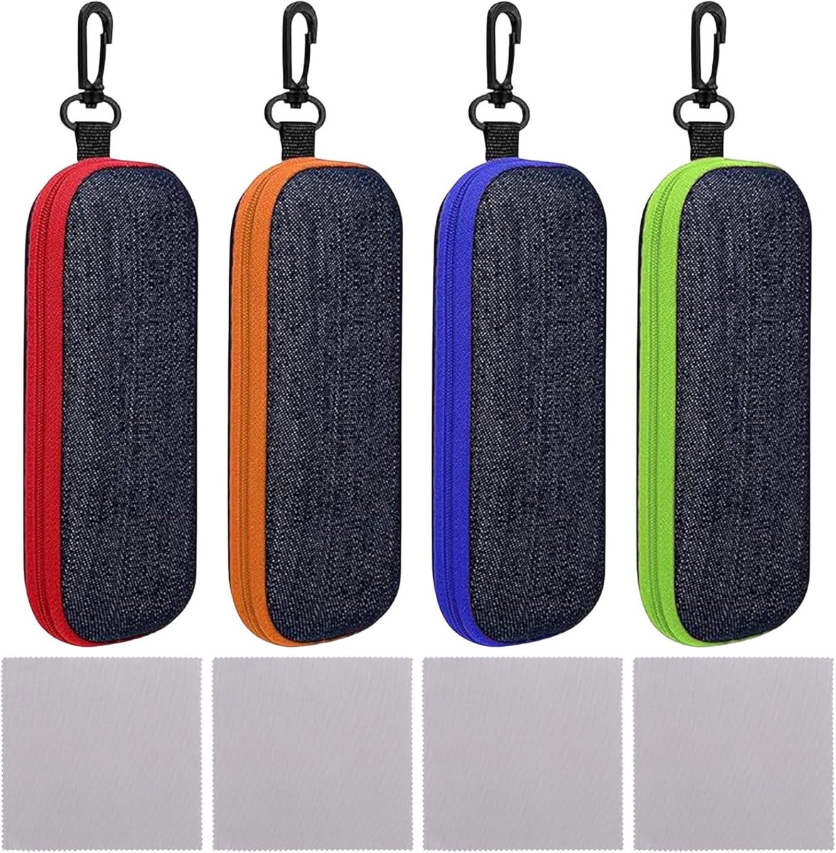 Bril etui 4 stuks denim stof - harde case met karabijnhaak - inclusief 4 reinigingsdoeken - ideaal voor sportbrillen - SnelShoppen