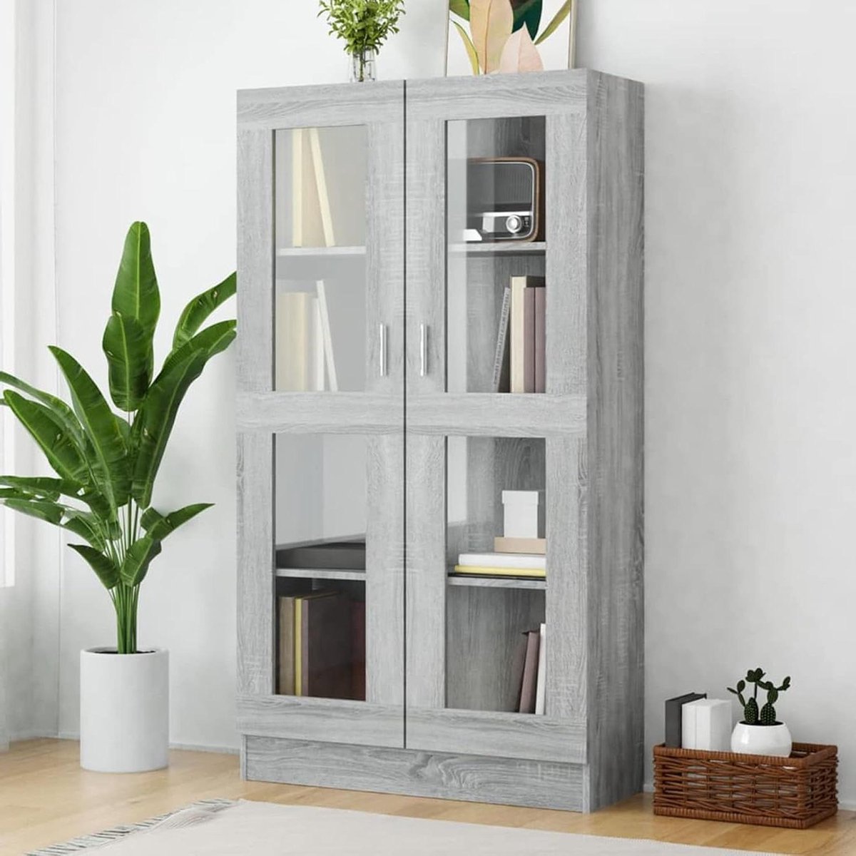 Opbergkast - Vitrinekast Woonkamer - Woonkamer Inrichting - Open Frame Deuren - 150 cm Hoog - Grijs Eiken