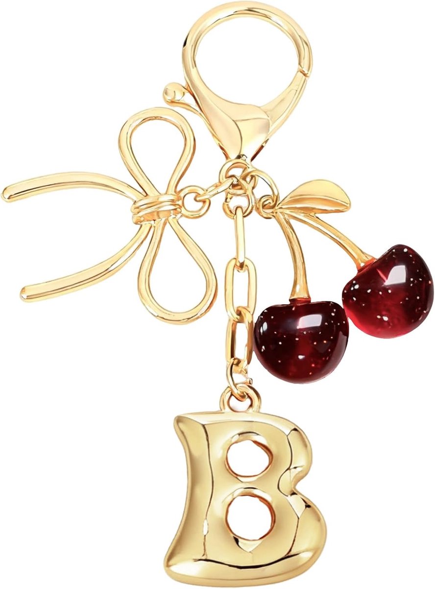 Sleutelhanger met Initiaal A - Gouden Letter met Strik en Kersen - Leuke Handtas Accessoire voor Vrouwen - SnelShoppen