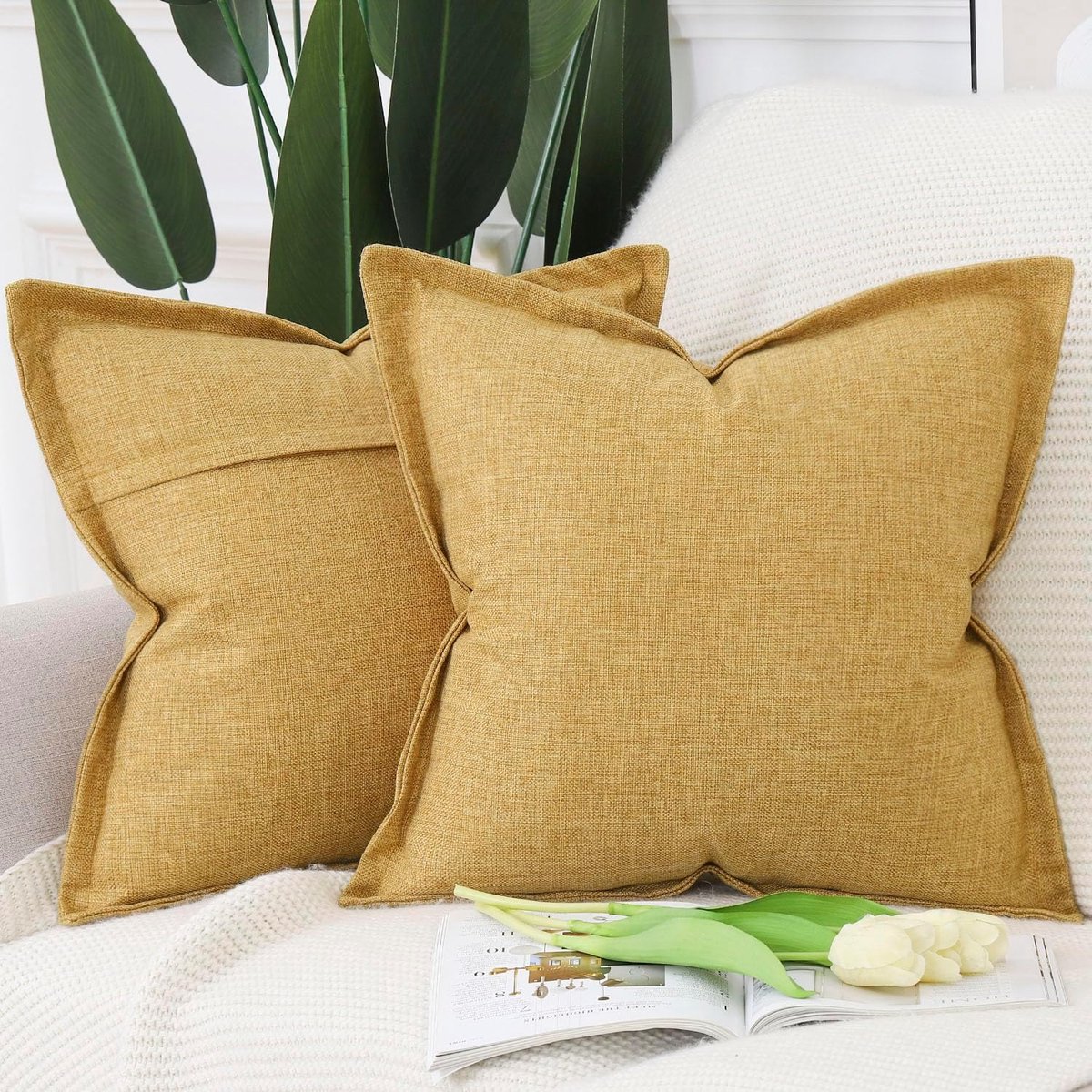 Kussensloop set van 2 60x60cm - imitatielinnen - mosterdgeel - moderne uitstraling voor sofa en slaapkamer - SnelShoppen