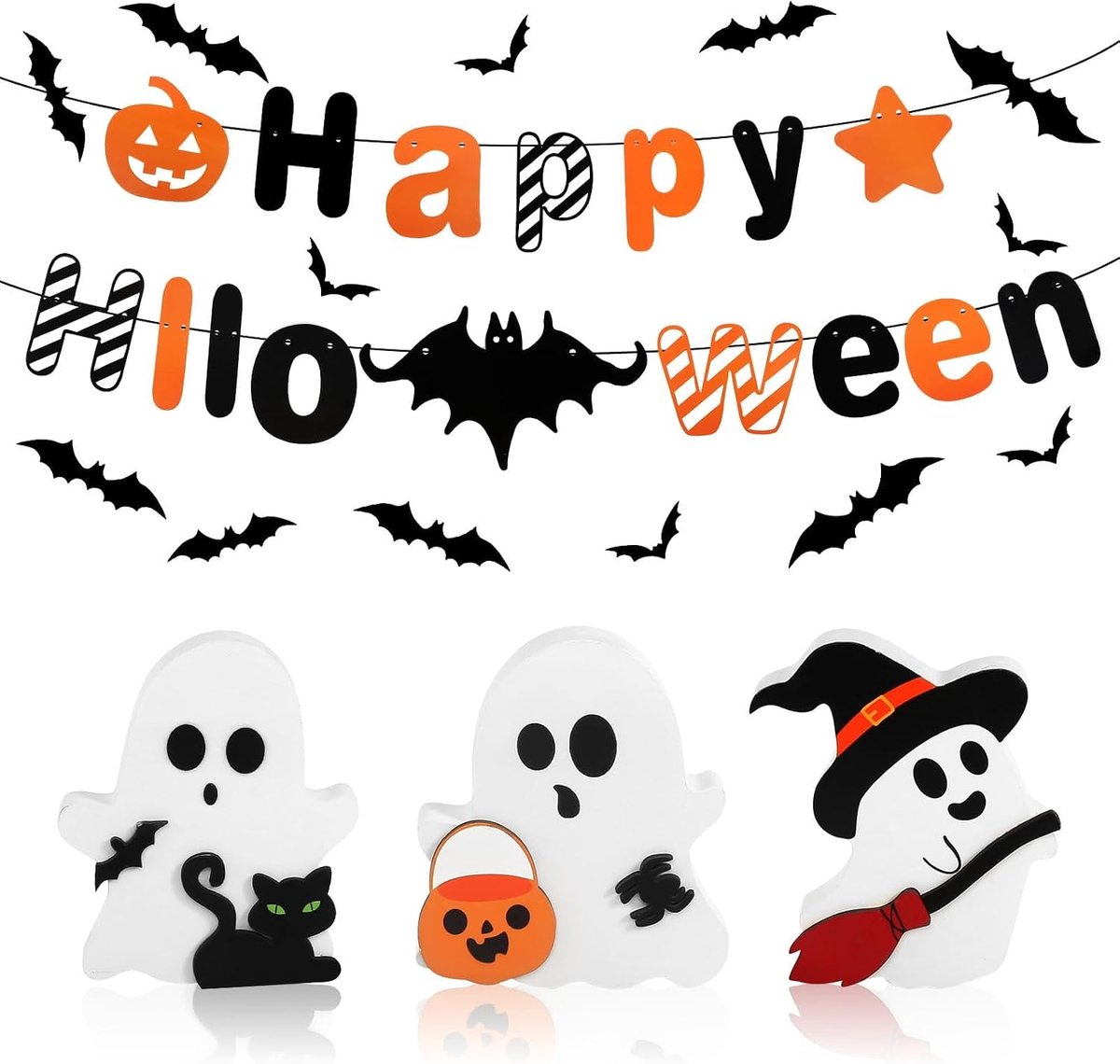 ornamenten standaard, 3 stuks lieve geesten Halloween decoratie houten geesten decoratie en Halloween banner decoratie, banner en hangdecoratie met 36 vleermuizen decoratie