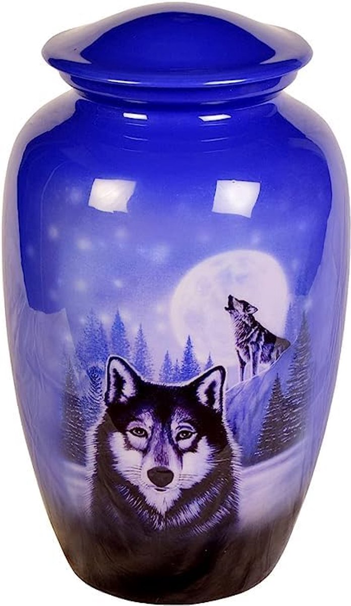 Memories Emaille, gelakte aluminium crematie-urnen voor volwassen as - wolven crematie-urn voor as - decoratieve urnen - grote herdenkingsurn voor menselijke as, wolvenurn, 90 kg
