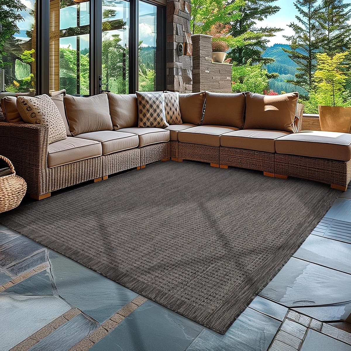 Effen Ontwerp Weerbestendig Terras Balkon Tuin Keukenkleed Vlakweefsel Sisal-Look, Kleur: Zwart, Afmeting: 80 x 250 cm