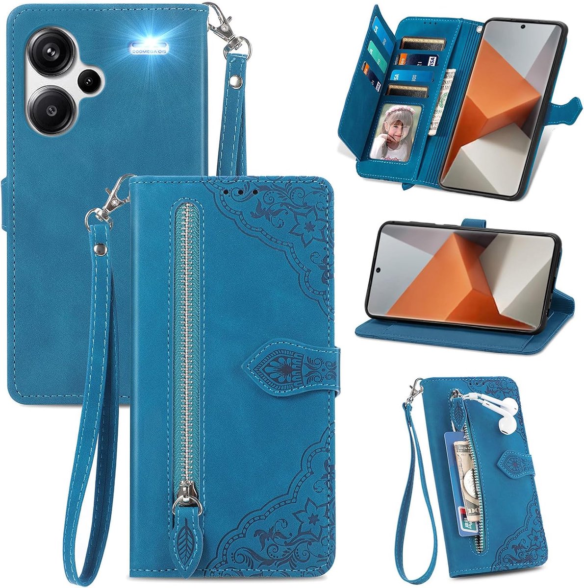 Portemonneehoes voor Xiaomi Redmi Note 13 Pro+ (Plus) 5G, zachte PU-leren klaphoes, telefoonhoes, stootvaste beschermhoes met handlus, kaartenvak en standfunctie, blauw