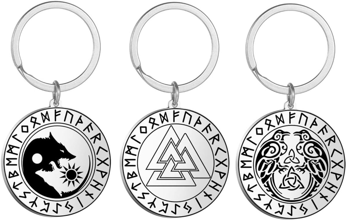 Viking Runen Sleutelhangers 3 Stuks RVS Munt Hanger Sleutelhanger Keltisch Symbool Wolf Raven Hrunger Hrunger Hart Sleutelhanger