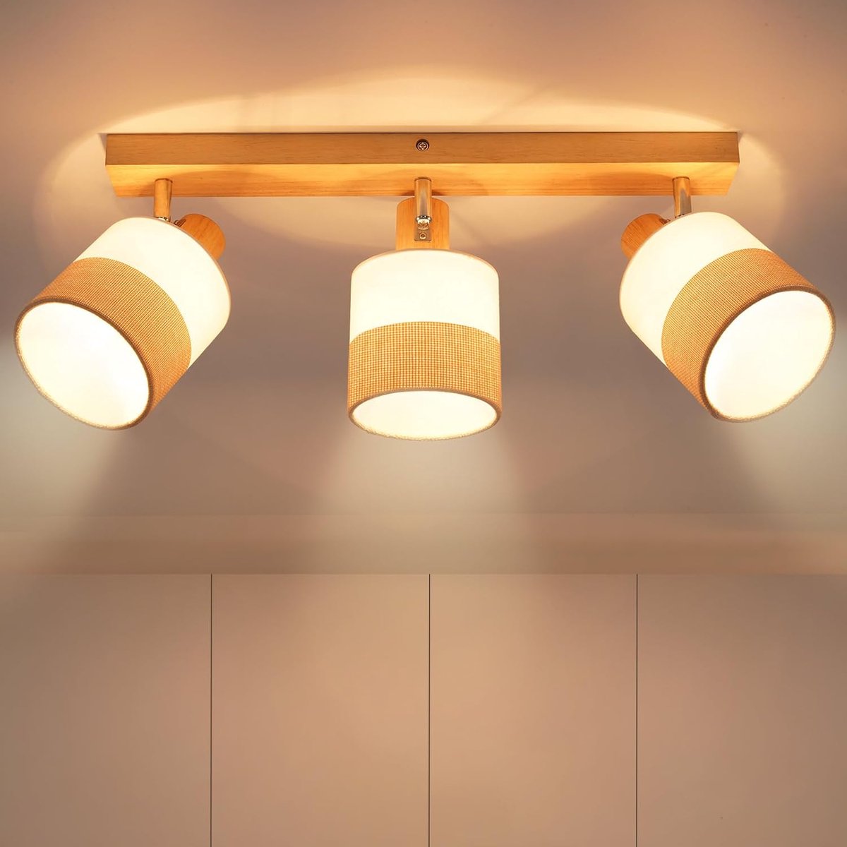 Plafondspot 3 vlams plafondlamp hout plafondlamp vintage E14 | stoffen kap retro draaibaar 350° plafondspot MAX.25W hal keuken slaapkamer woonkamer zonder lamp