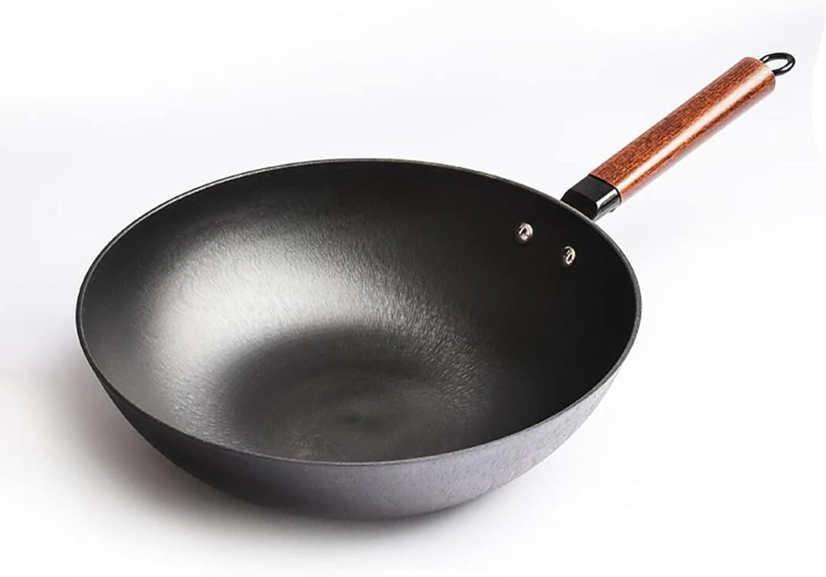 Wok met deksel gietijzeren wok ongecoat huishoudijzeren wok met glazen deksel (Size : 30cm)