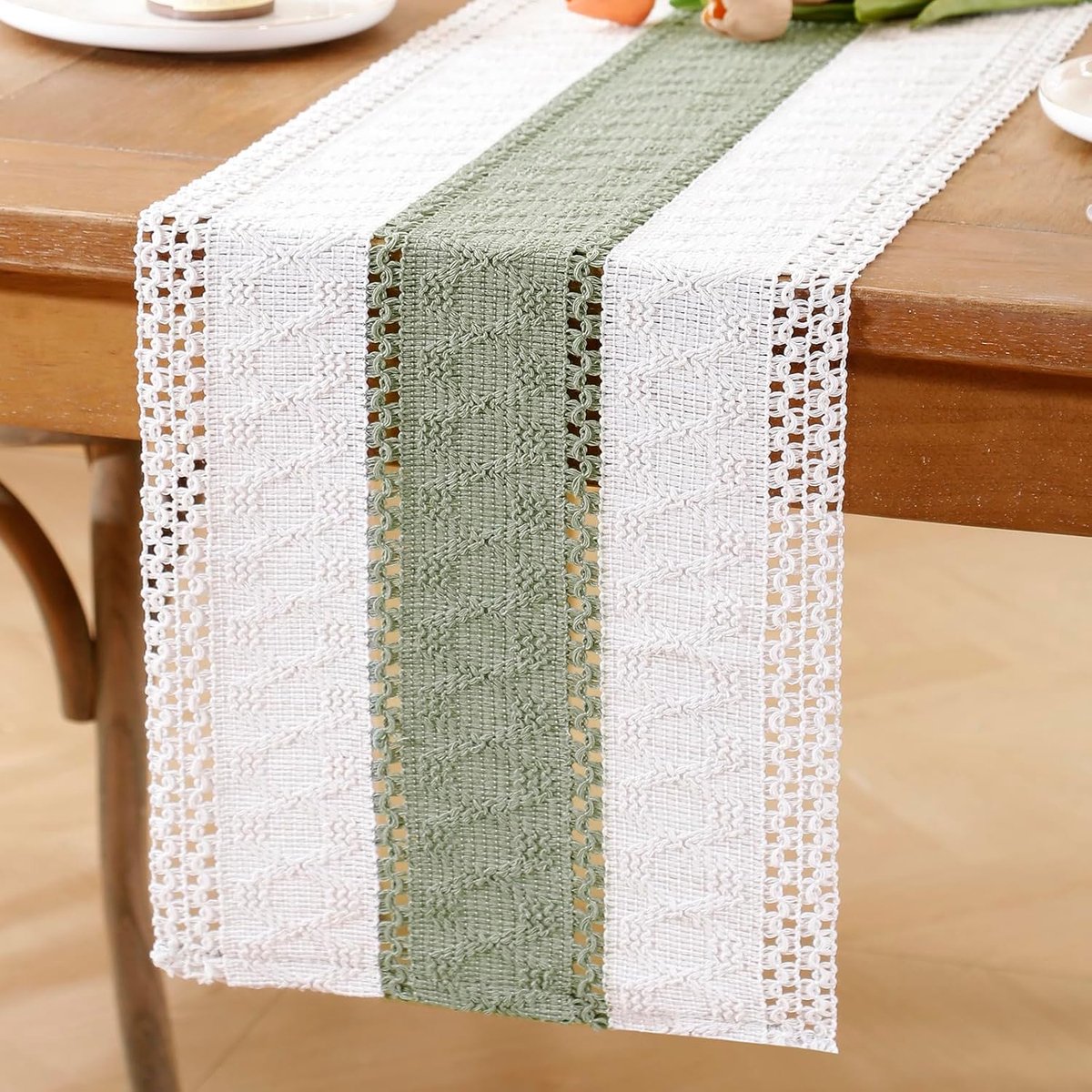 Tafelloper, 40 x 140 cm, saliegroen, crème, boho-decoratie met macramé, katoen, landelijke stijl, linnen, vintage tafelkleed voor bruiloft, keuken, eettafel, rustieke bruiloft, keuken, decoratie