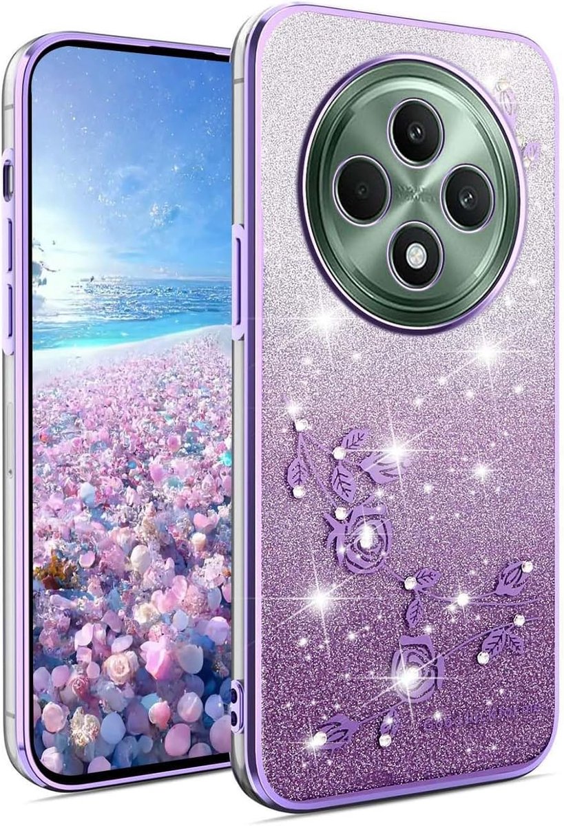 Bling Hoesje voor OPPO Reno 12F 4G/OPPO Reno 12 FS 5G (Reno12 F 5G), Ultradunne Glanzende Pailletten Dames Geval, Sprankelende Diamanten Bloem Transparante TPU Schokbestendige Hoes. Paars