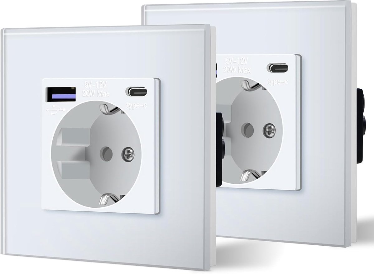 Stopcontact van glas met 20 W USB C, snellader, wandstopcontact, 3-in-1 inbouwstopcontact, eenvoudige installatie, 240 V, 16 A, 86 mm, 1 vak, wit, 2 stuks
