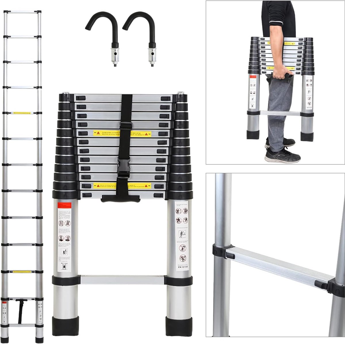 Telescopische ladder, 3,8 m, antislip aluminium multifunctionele ladder, staande ladder met 2 met afneembare haken, uittrekbare ladder, 150 kg belastbaarheid, huishoudladder voor thuiswerken