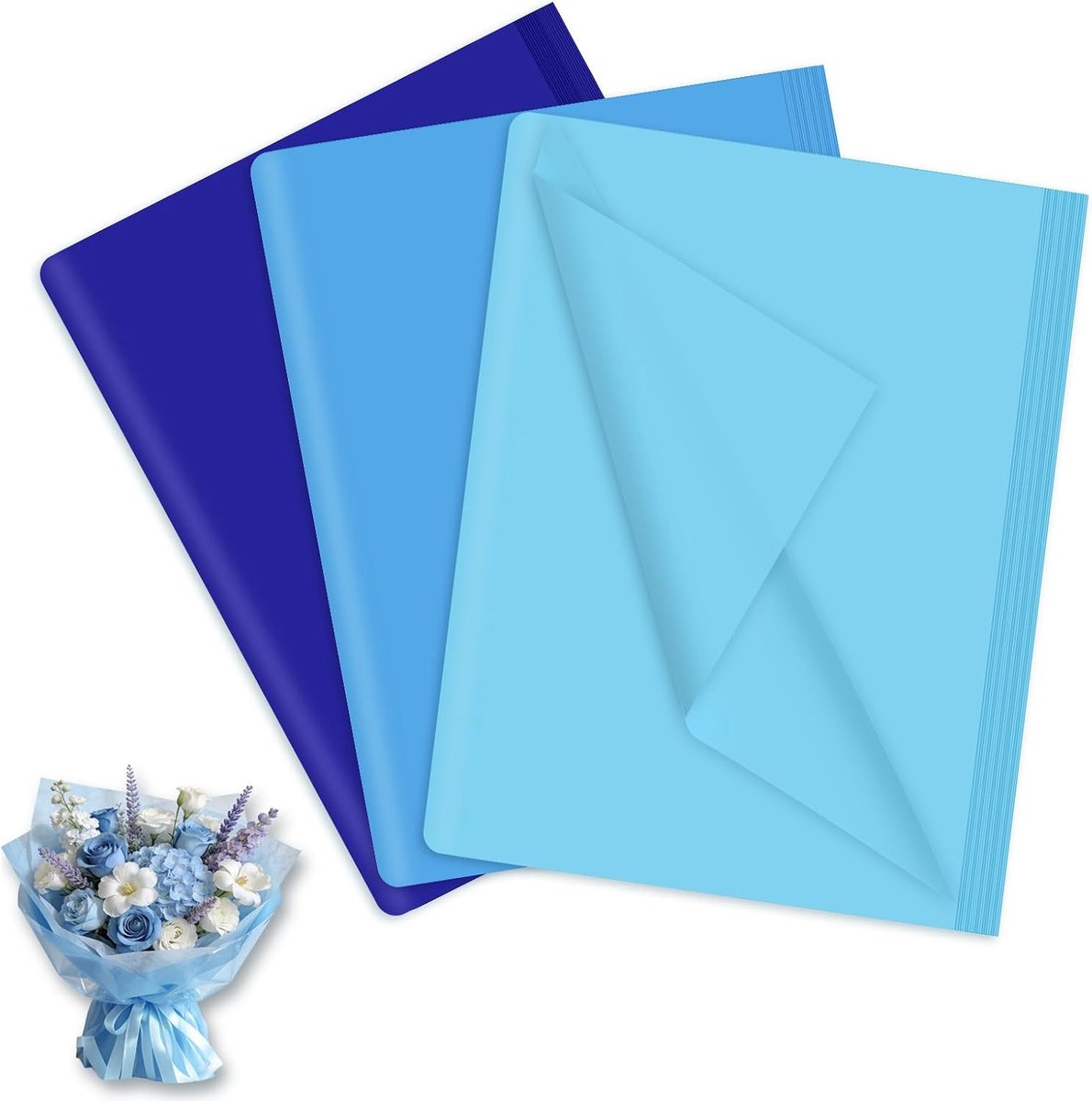 Zijdepapier, wit, 35 x 50 cm, cadeaupapier voor bloemenvullers, verpakkingspapier, zijdepapier voor verjaardag, bruiloftsdecoratie, doe-het-zelf, 50 x 30 cm, blauw